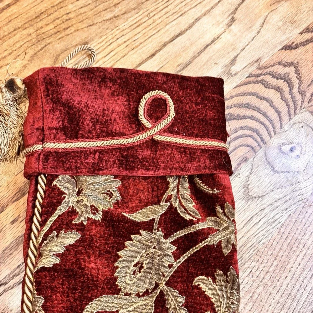 Villa Bacci Red‎ Velvet Christmas Stocking Gold Floral Brocade Tassel Bells 24